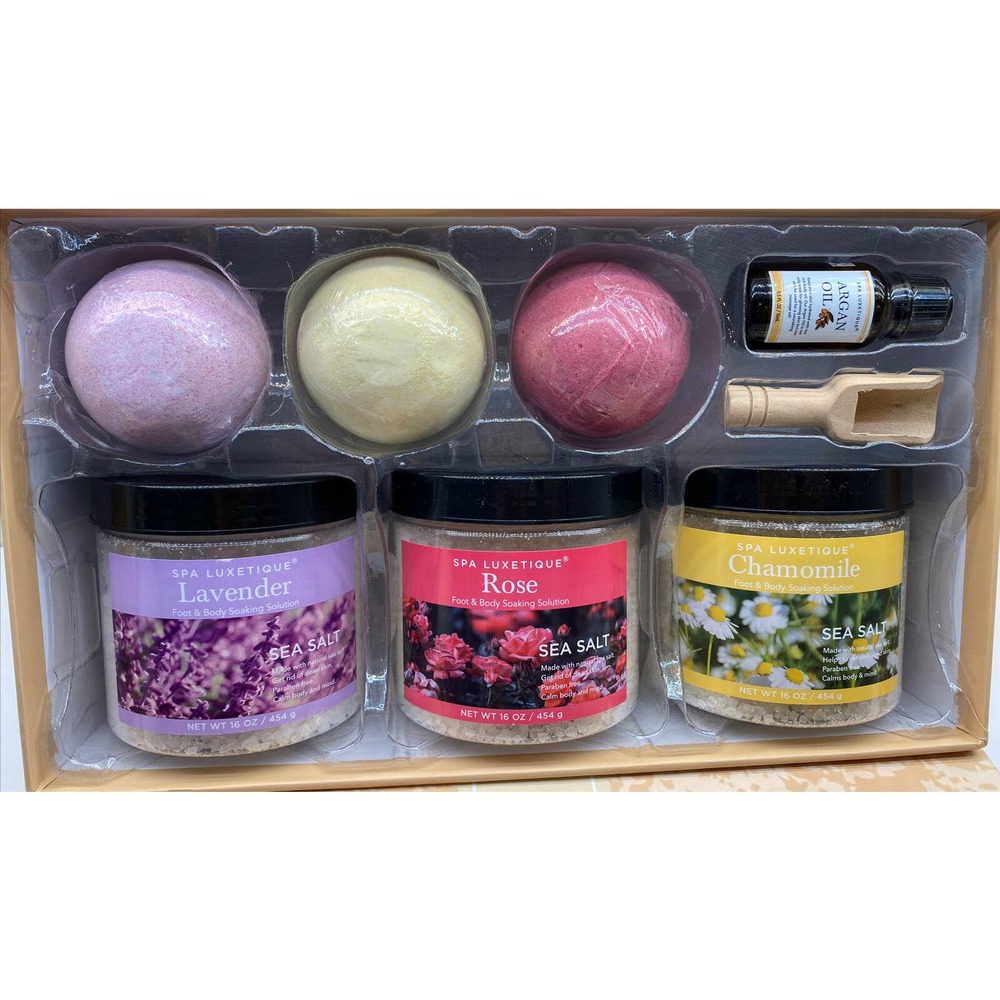 Spa Luxetique Bath & Body Gift Set Women's Gift Basket~Bombs~Salts & Argan Oil